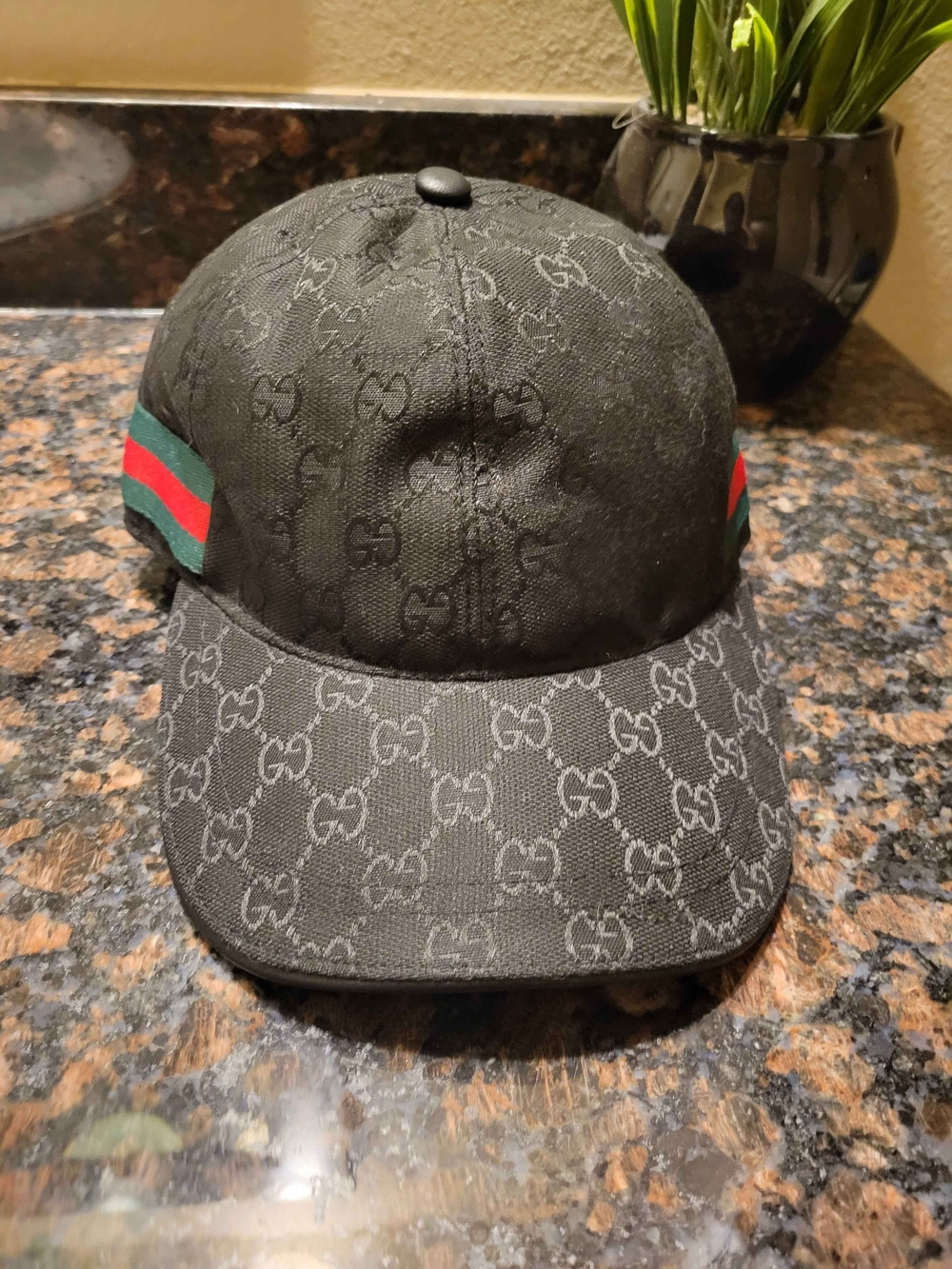 Gucci Black Monogram Baseball Cap with Web Stripe